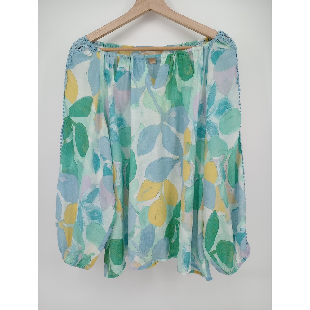 Hope & Harlow Blouse Womens XL Blue Floral Lace Trim Peasant Top